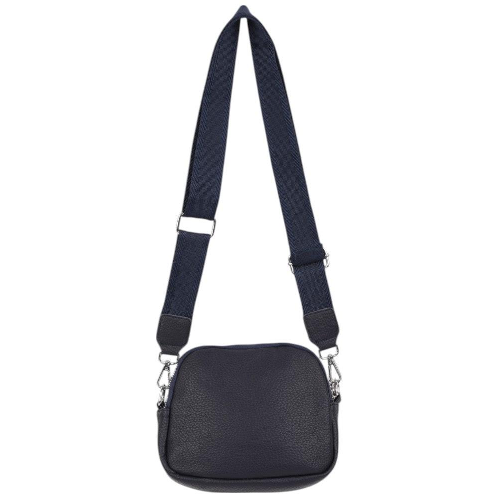 Front view of a navy crossbody bag with an adjustable strap and silver hardware.