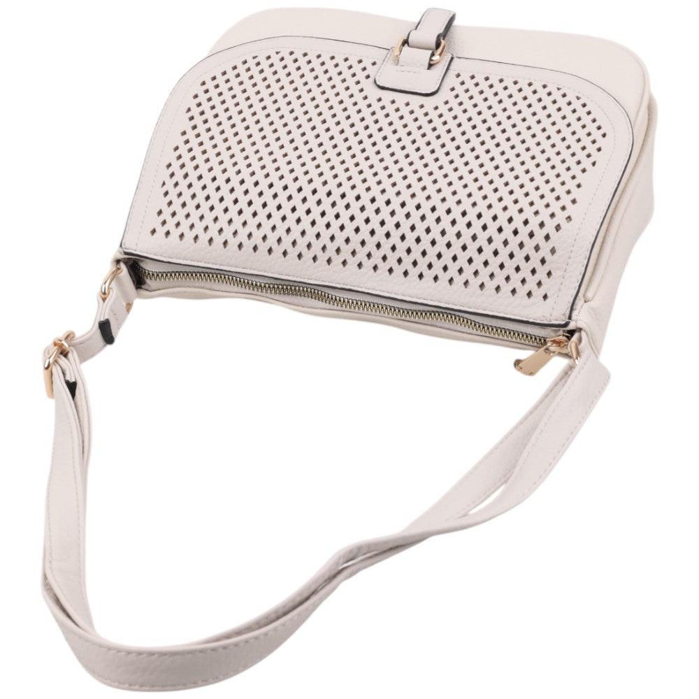 Detail close-up of a light beige handbag with zipper closure and gold hardware on a white background.