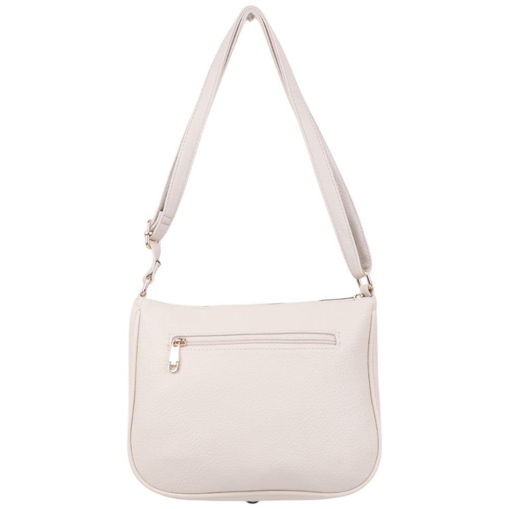 Front view of a light beige handbag with zipper closure and adjustable strap on a white background.
