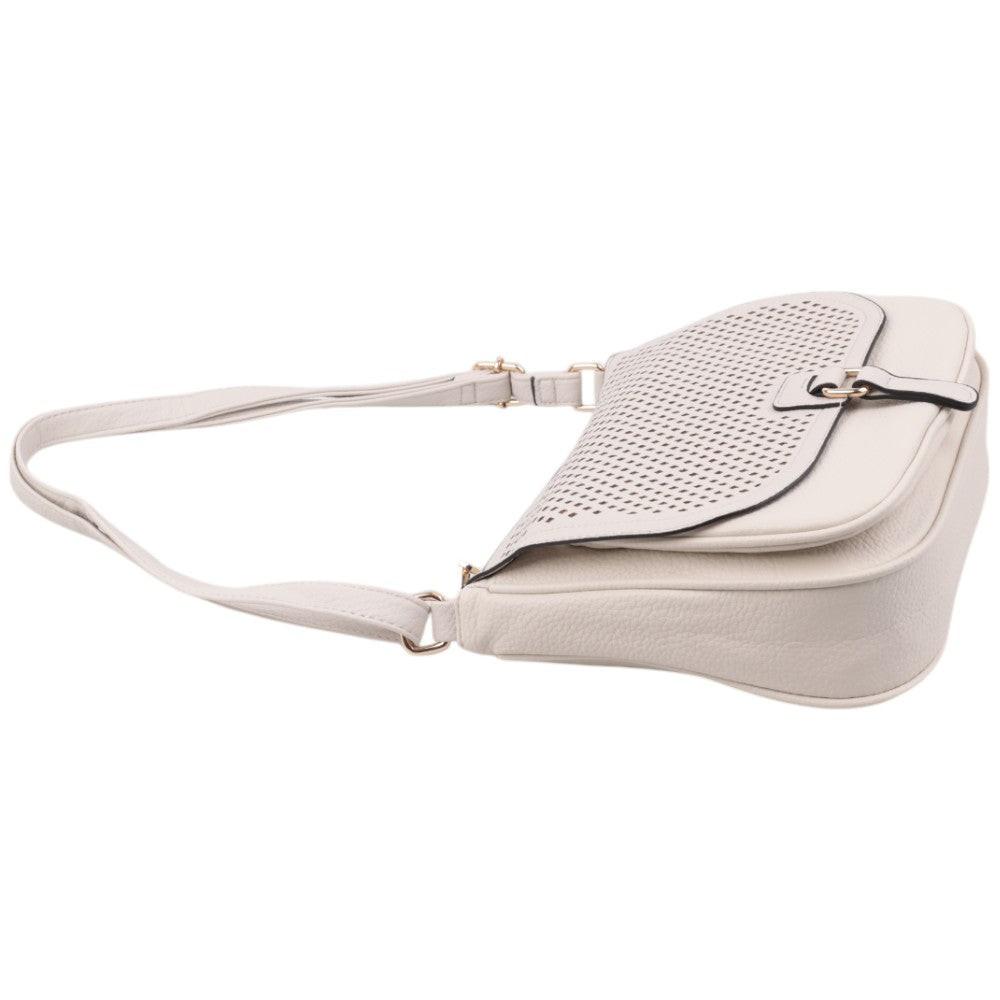 Side view of a light beige handbag featuring zipper closure and flat design on a white background.