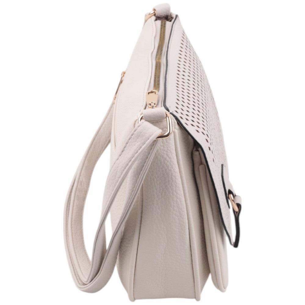 Side view of a light beige handbag with zipper closure and sturdy base on a white background.