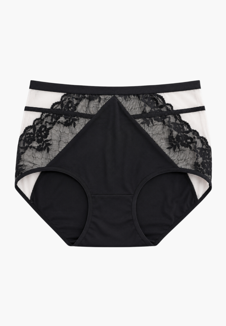 Front view of black lace maxi women's briefs with high waist and strappy design.