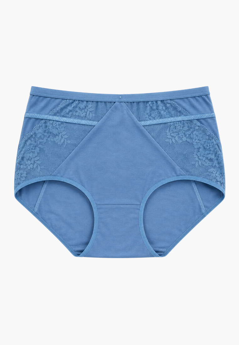 Front view of blue lace maxi briefs with high waist on a white background.