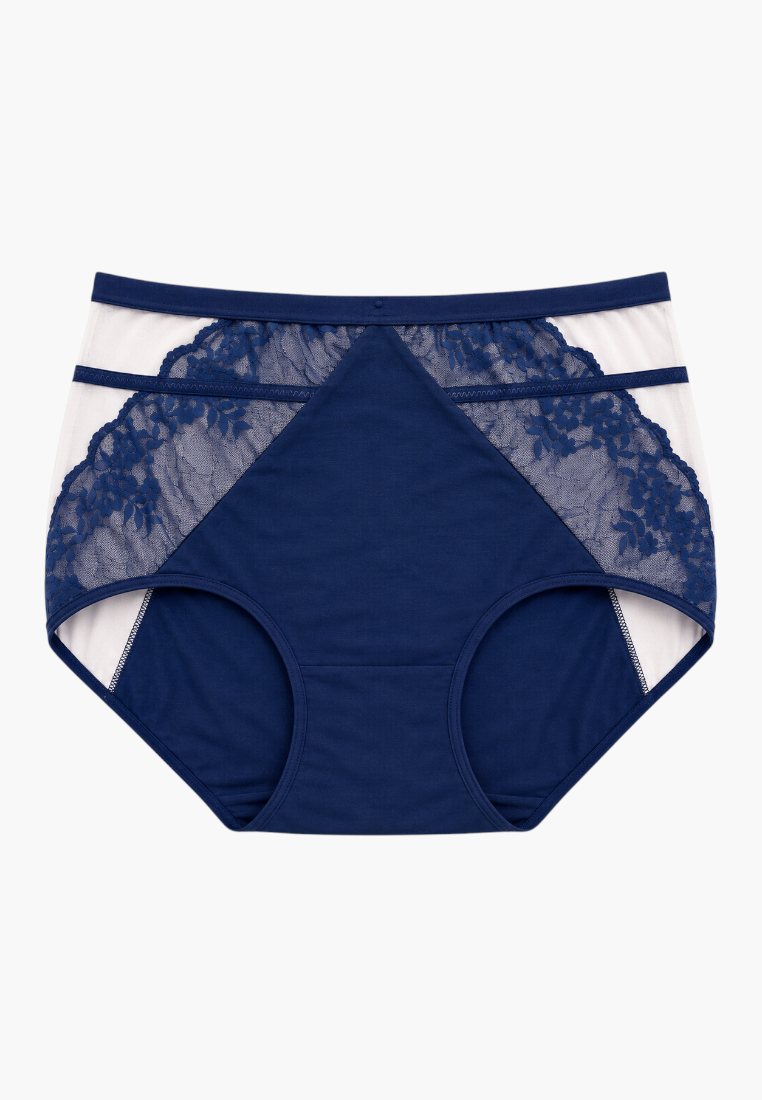 Front view of navy blue lace maxi briefs with high waist and elegant detailing.