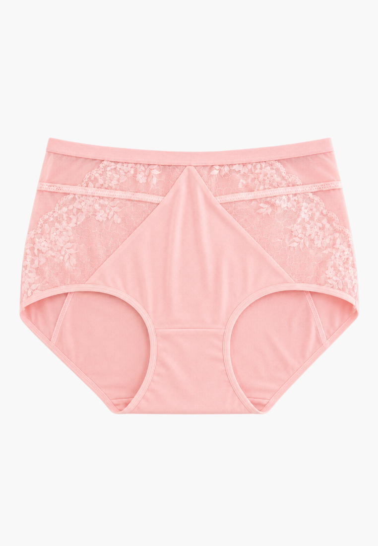 Front view of pink lace maxi briefs with high waist in a 4-pack set.