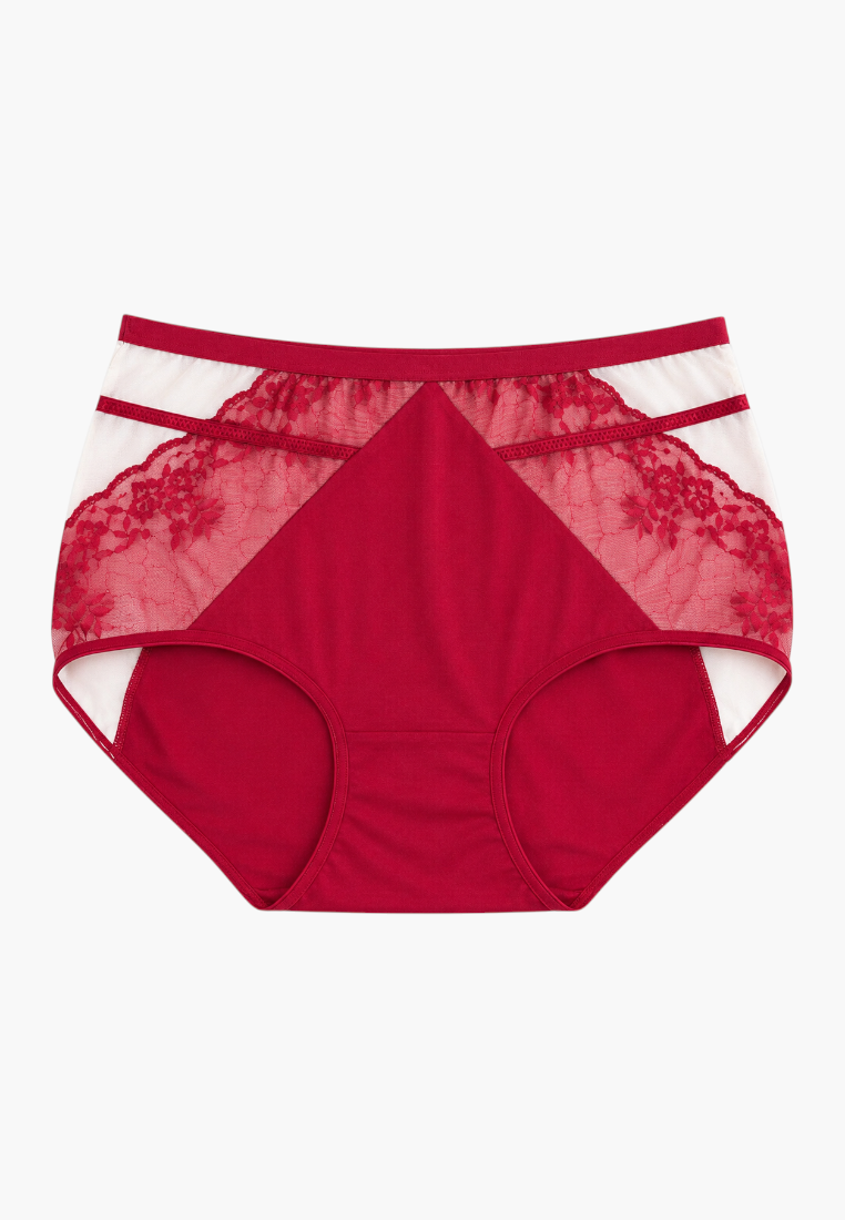 Front view of deep red lace maxi women's briefs with elegant side panels.