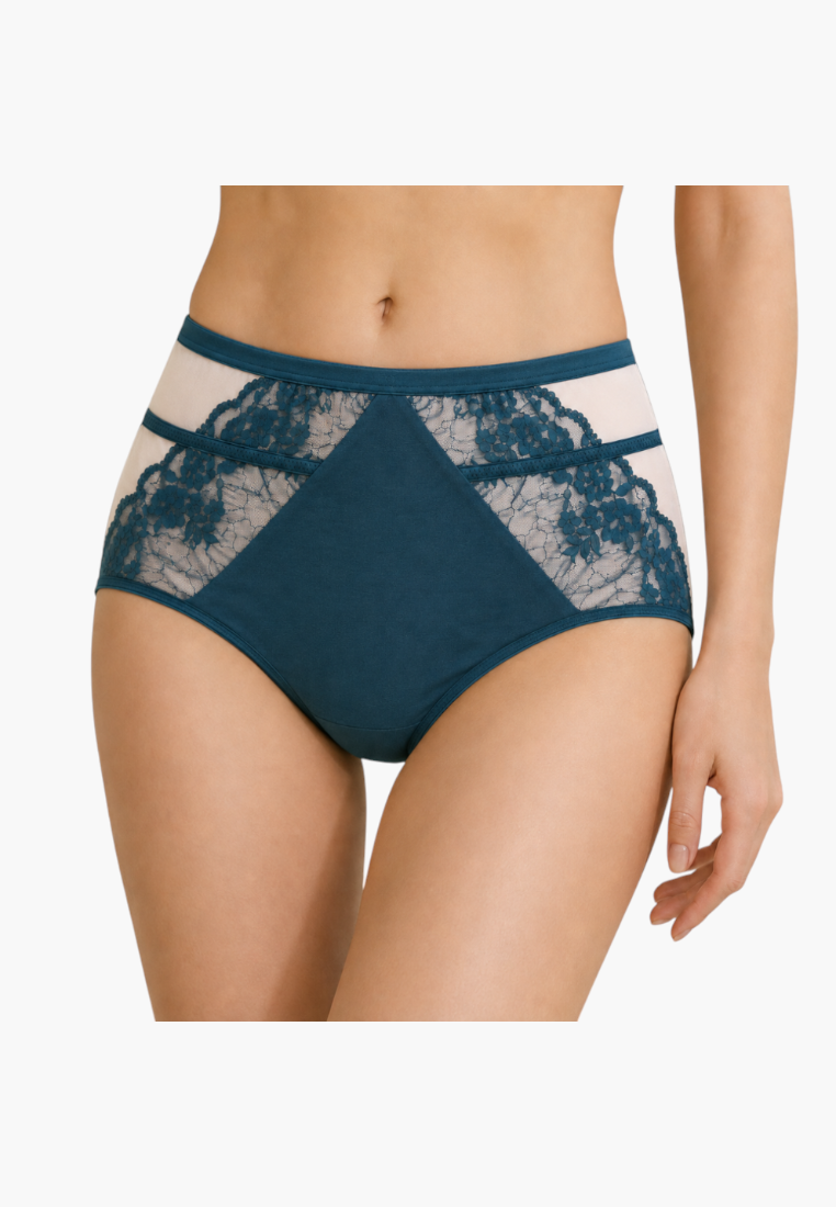Lifestyle shot of teal lace maxi briefs with high waist and elegant detailing.