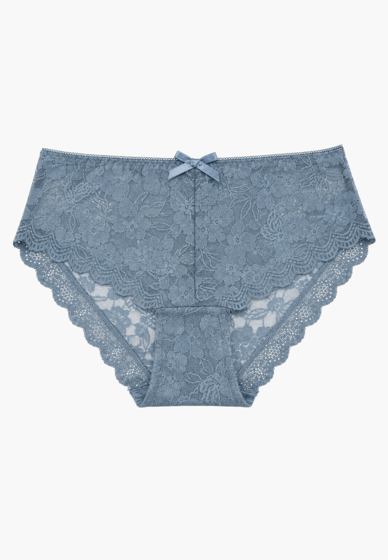 Front view of blue lace maxi briefs with a delicate bow detail.