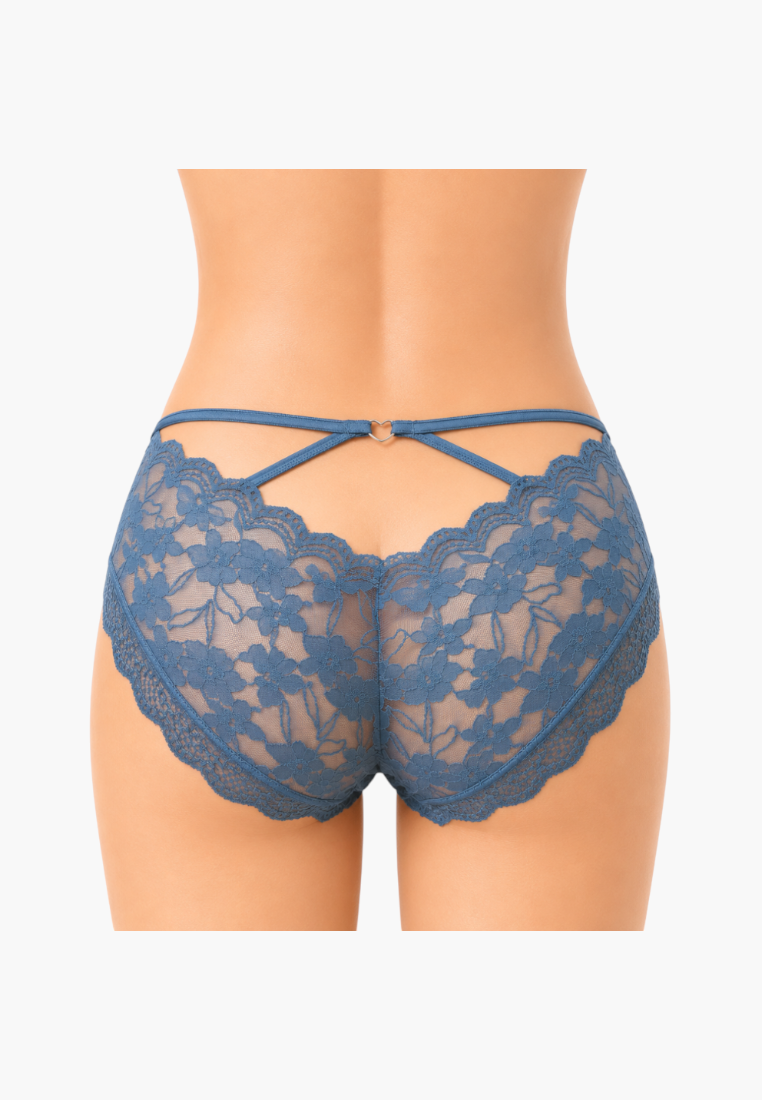 Back view of blue lace maxi briefs with a decorative cutout and ring detail.