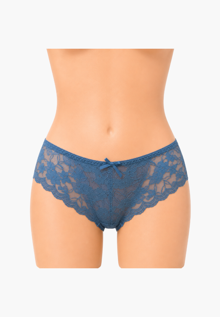 Lifestyle shot of blue lace maxi briefs on a mannequin with a small bow detail.