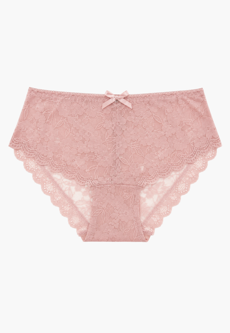 Front view of pink lace maxi briefs with a decorative bow detail.