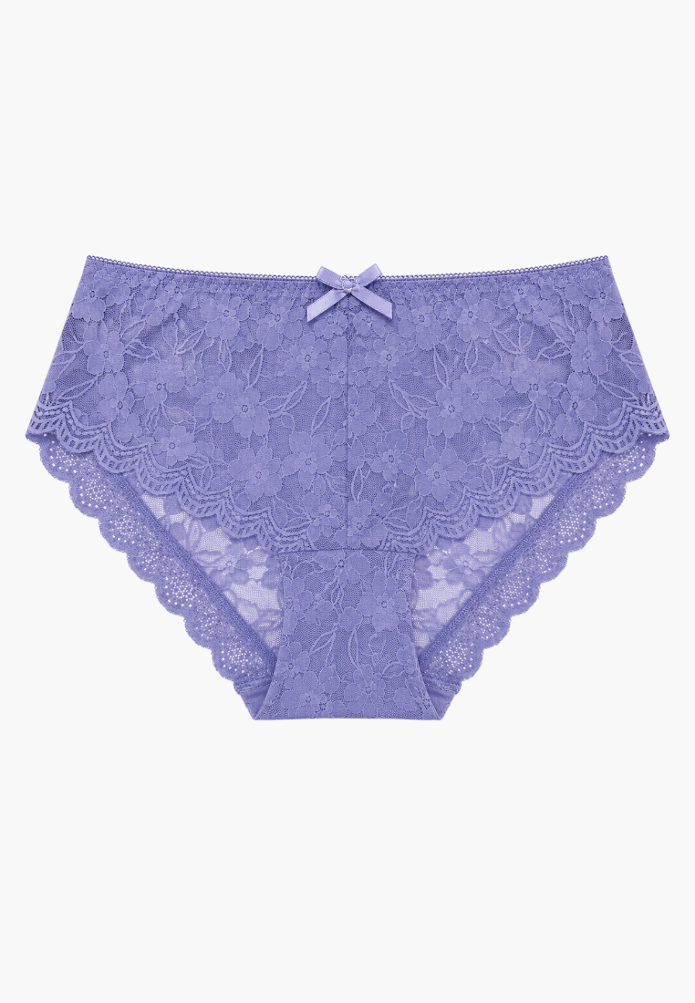 Front view of purple lace maxi briefs with a small decorative bow detail.