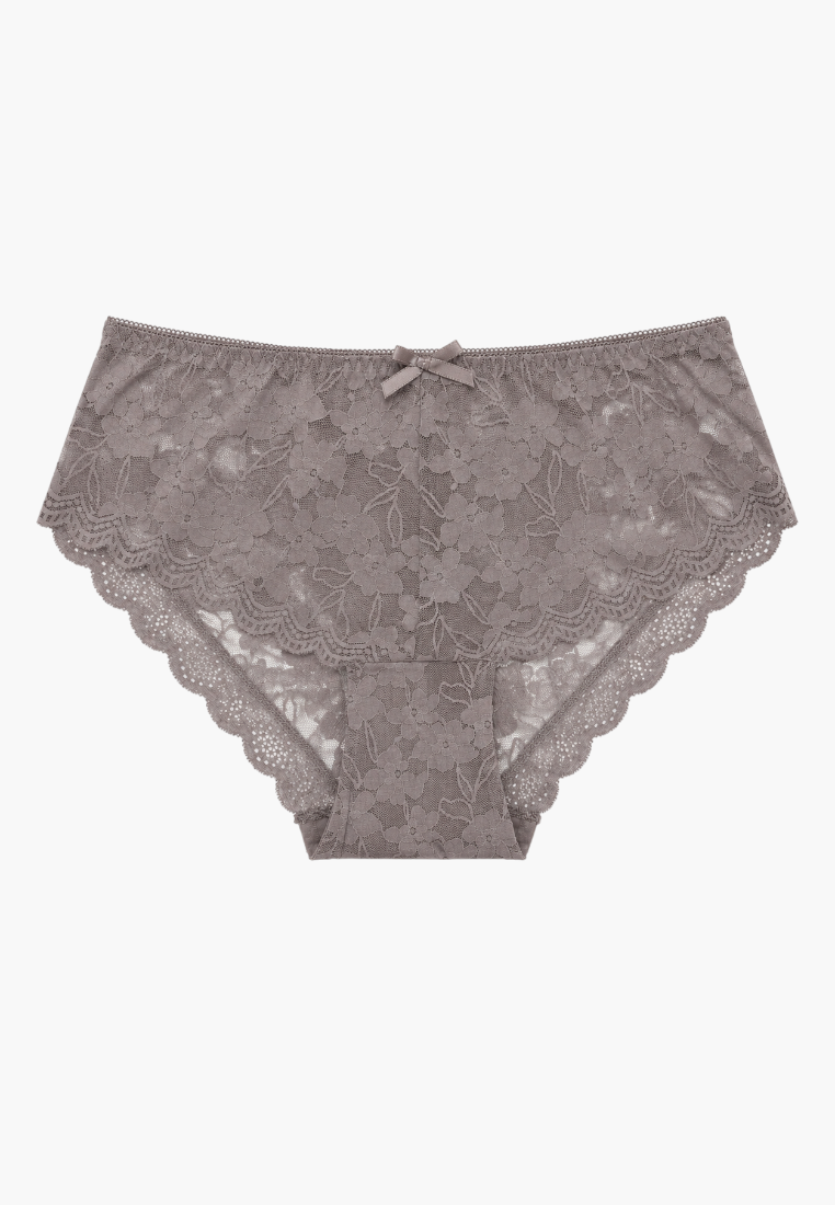 Front view of taupe lace maxi briefs featuring a delicate bow detail.