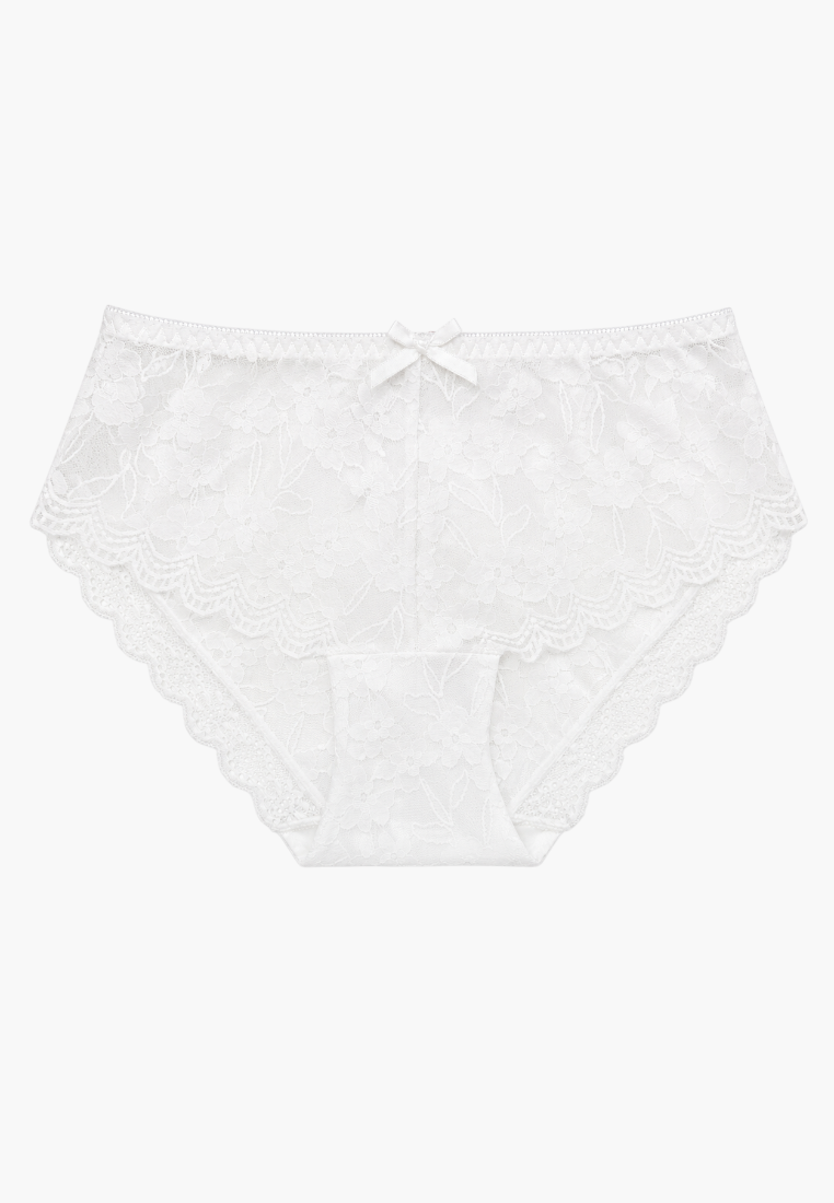 Front view of white lace maxi briefs featuring a delicate bow detail.
