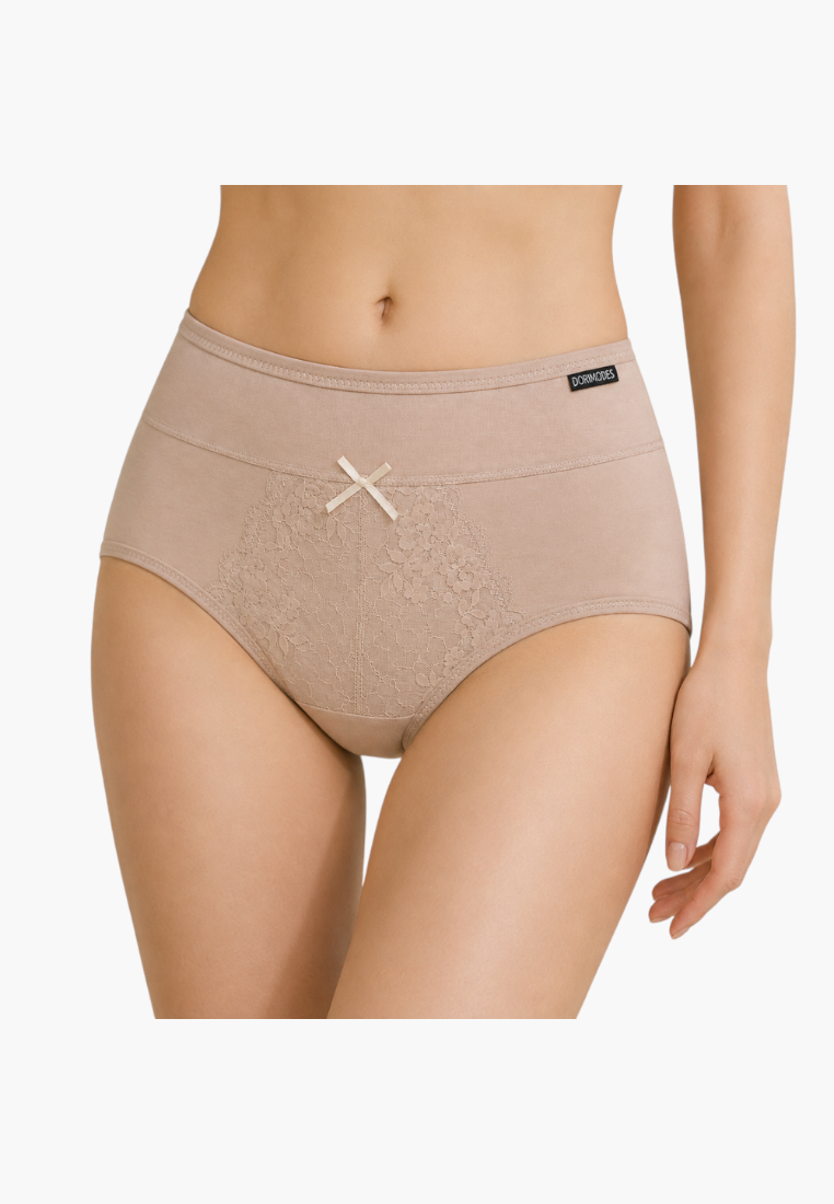 Front view of beige maxi briefs with lace detail and bow.