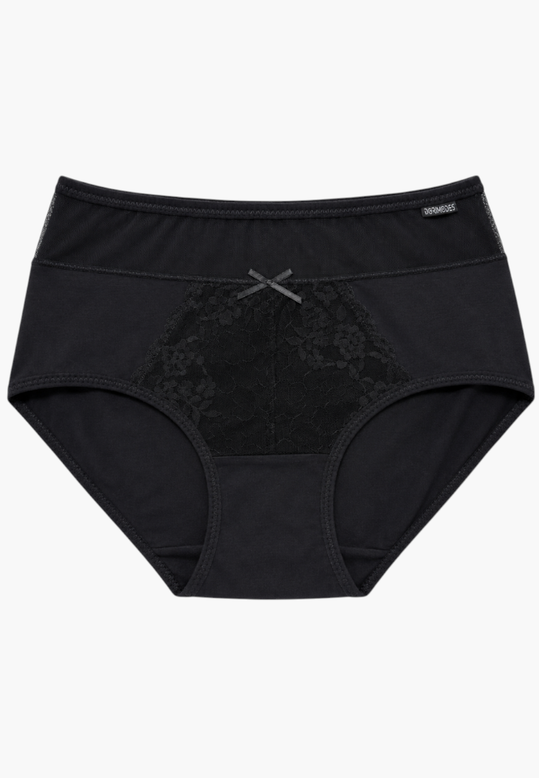 Front view of black maxi briefs with lace detailing and small bow.