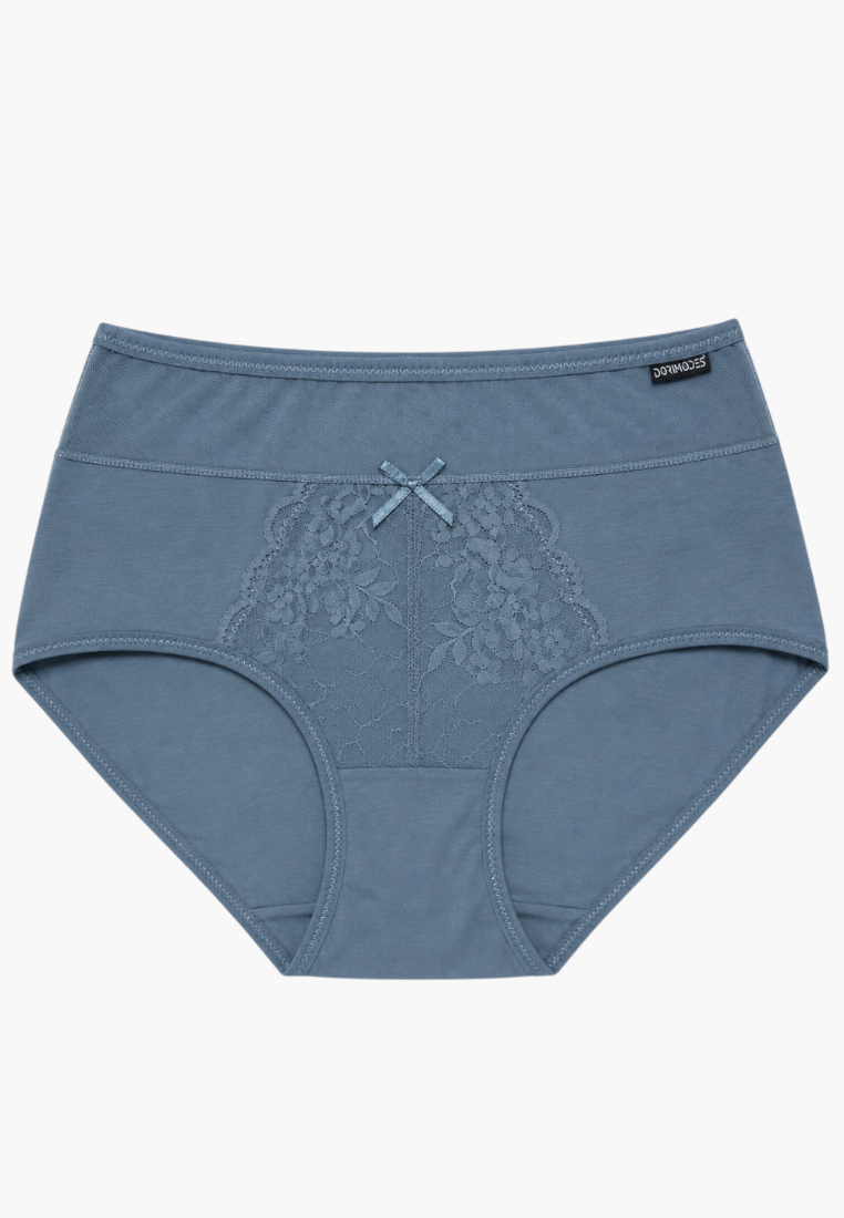 Front view of blue maxi briefs with lace detailing and bow.