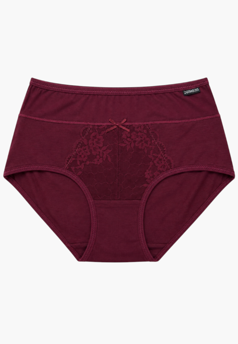 Front view of burgundy maxi briefs with lace detailing and bow.