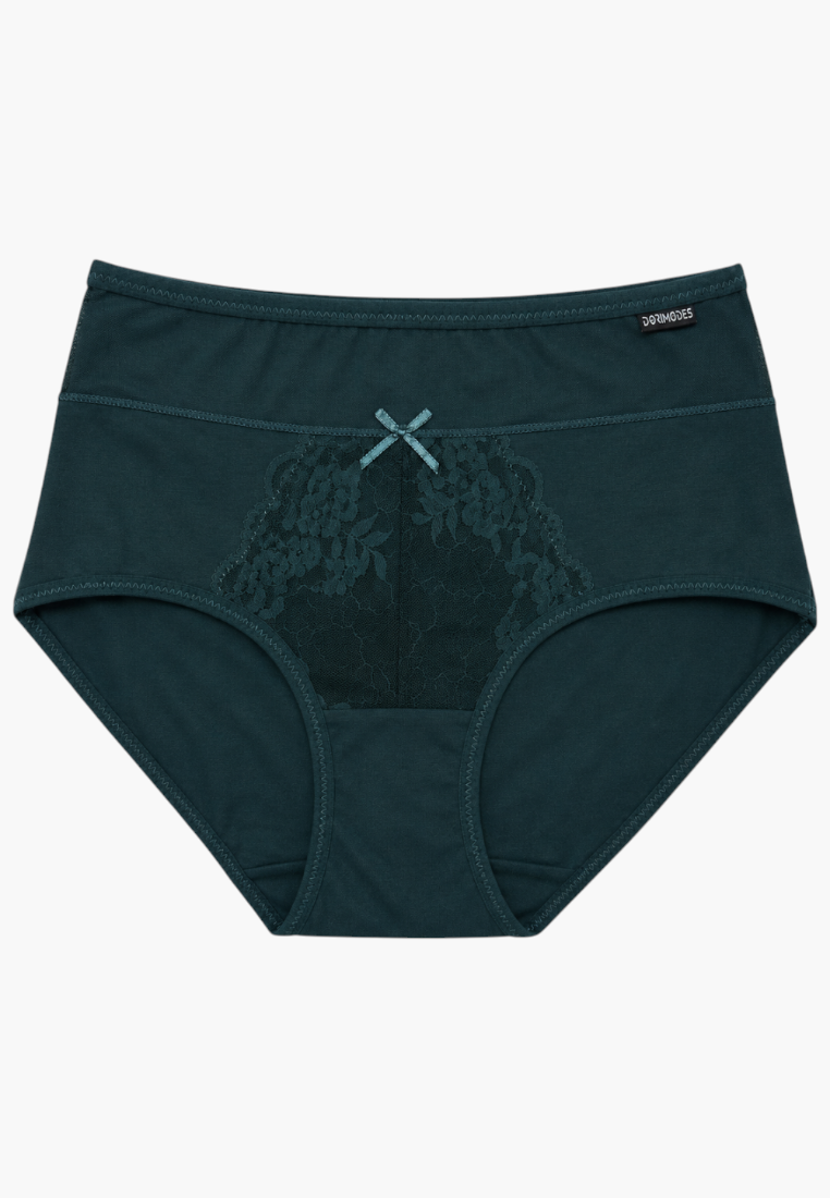Front view of dark green maxi briefs with lace detailing and bow.