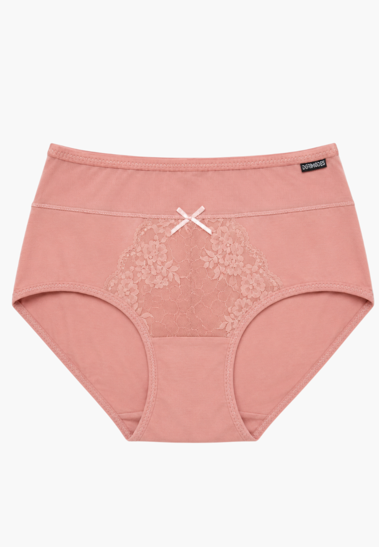 Front view of dusty pink maxi briefs with lace detail and bow.