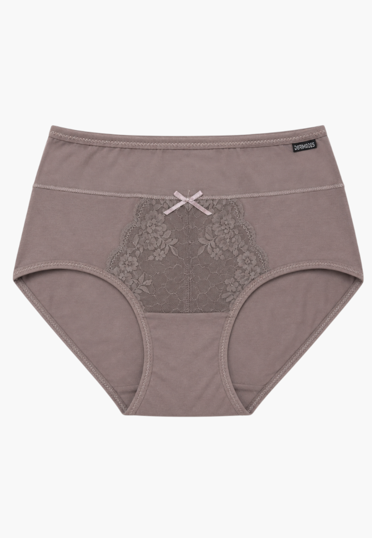 Front view of taupe maxi briefs featuring lace panel and decorative bow.