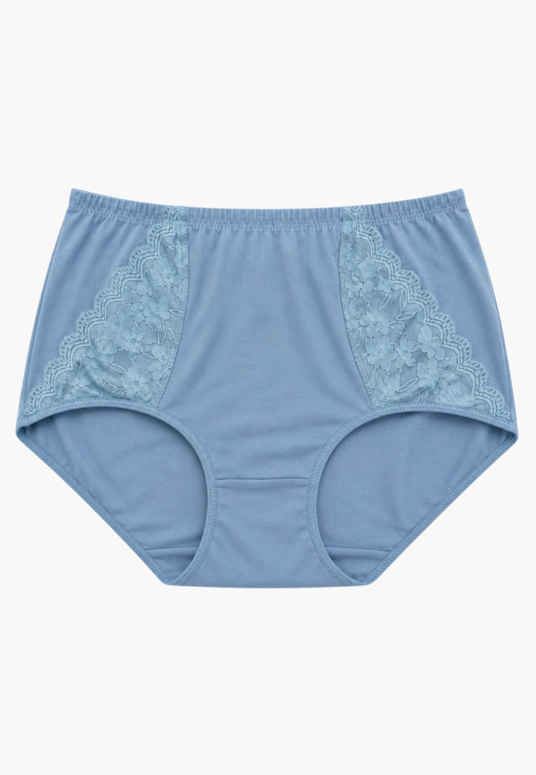 Front view of blue cotton maxi briefs with delicate lace side panels.