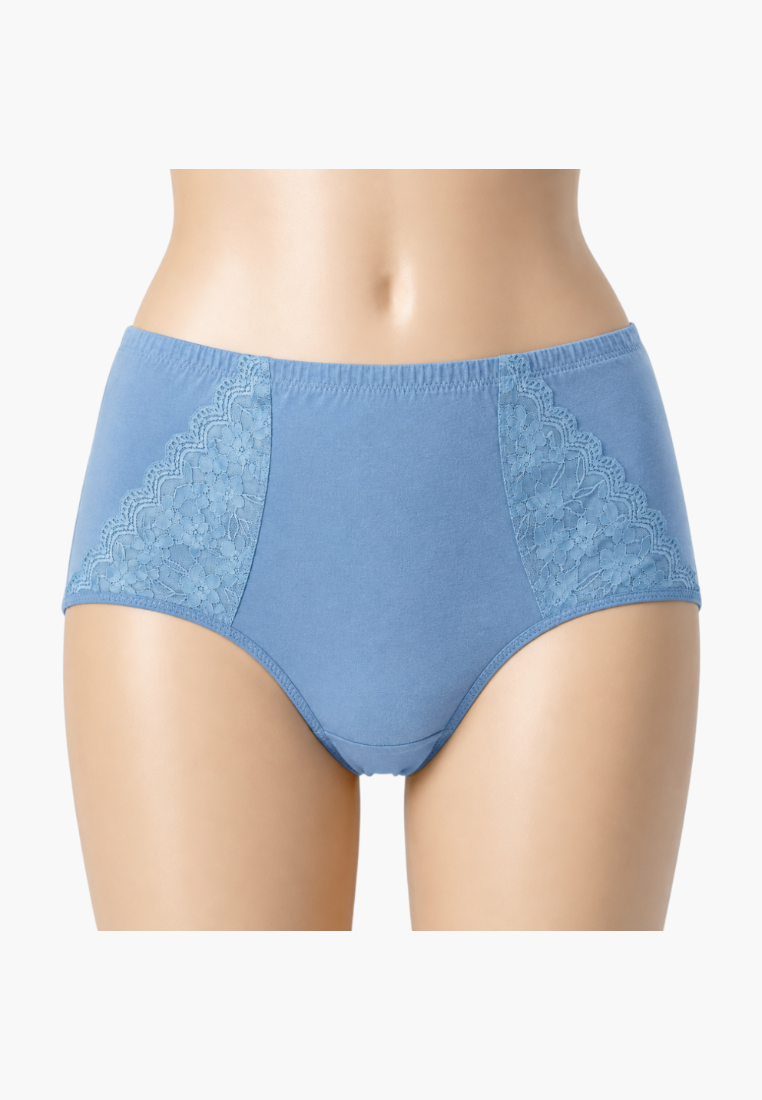 Lifestyle shot of blue cotton maxi briefs with delicate lace side panels.