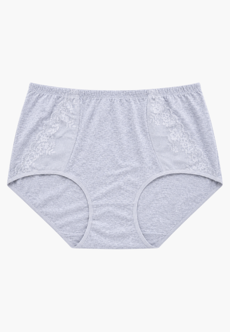 Front view of grey cotton maxi briefs with delicate lace side panels.