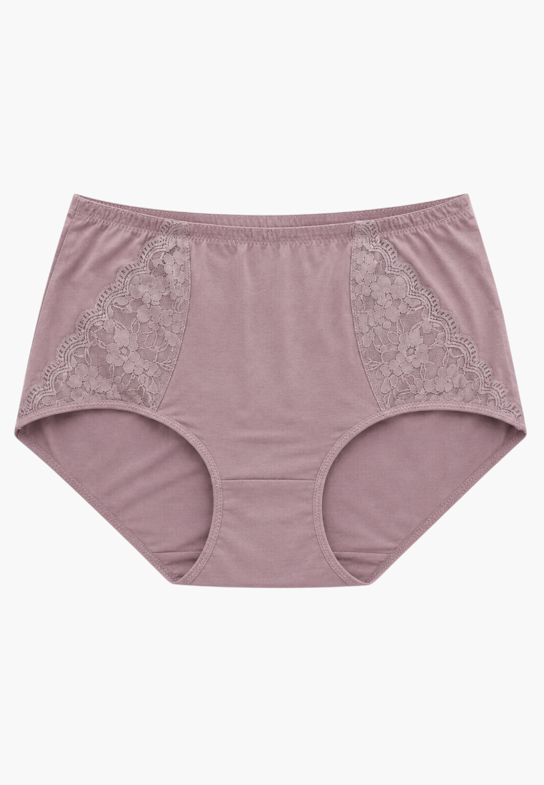 Front view of mauve cotton maxi briefs with elegant lace side panels.