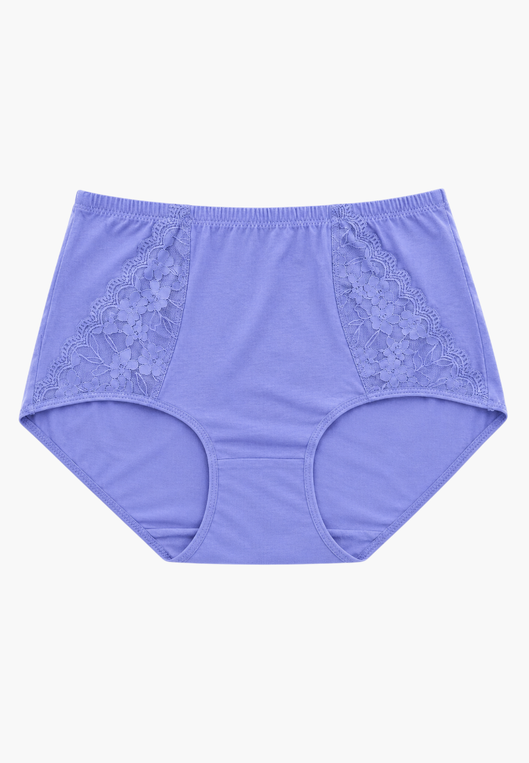 Front view of purple cotton maxi briefs featuring elegant lace side panels.