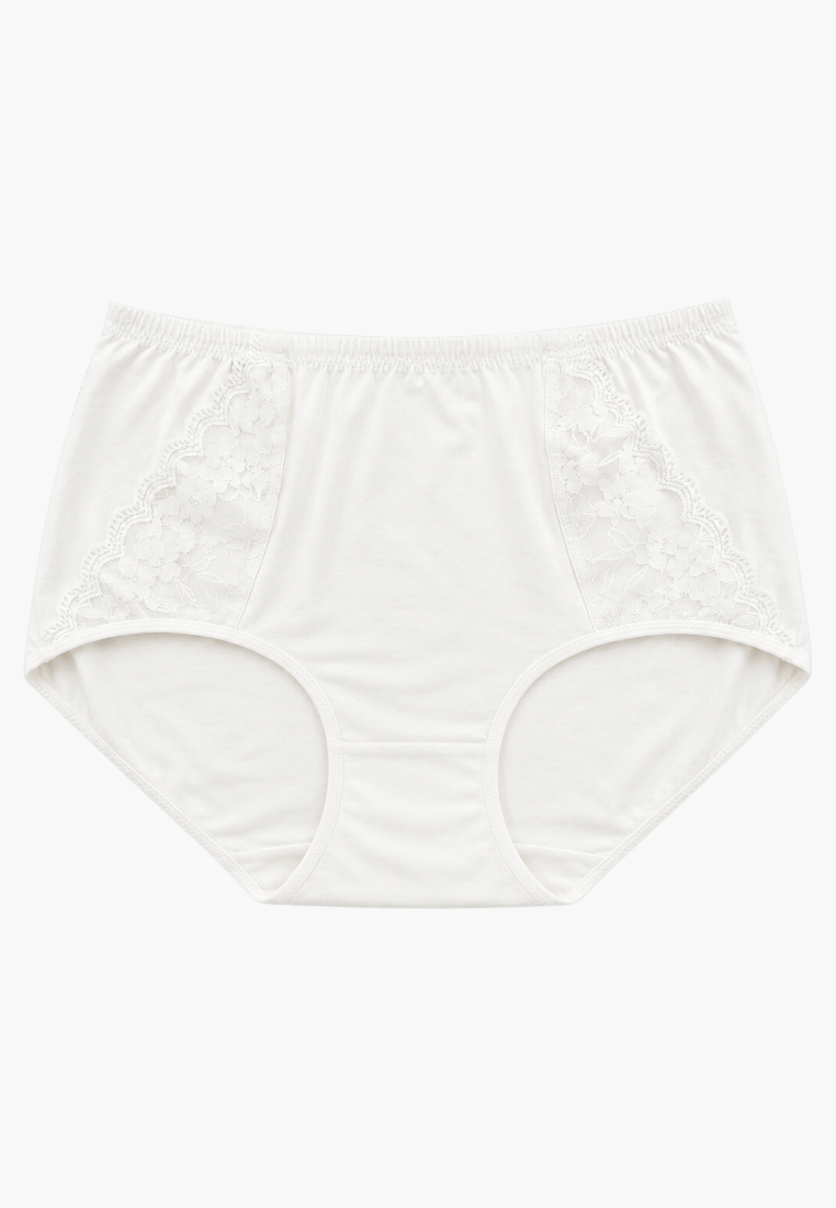 Front view of white cotton maxi briefs with elegant lace side detailing.