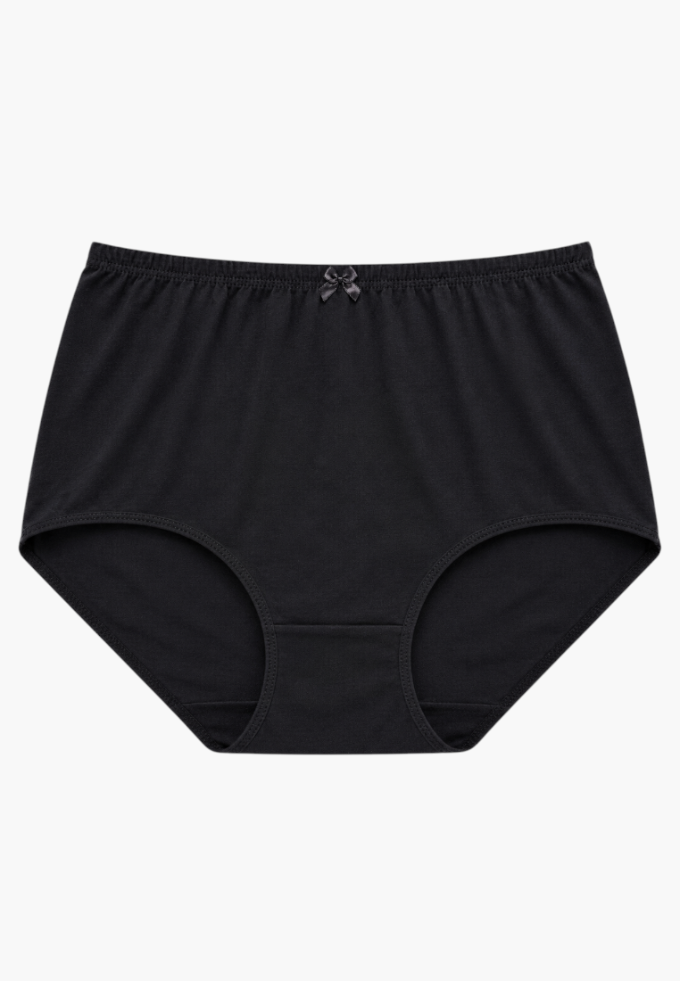 Front view of black cotton maxi briefs with an elastic waistband.