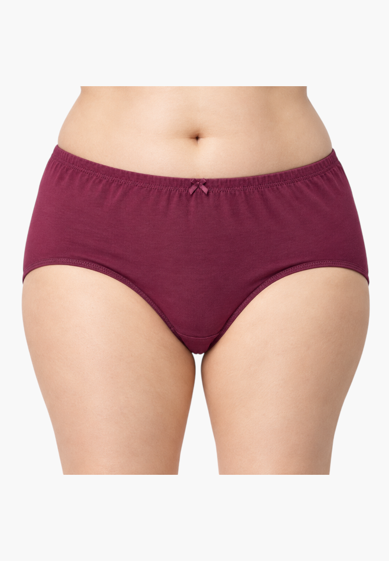 Front view of burgundy cotton maxi briefs with a small bow detail.