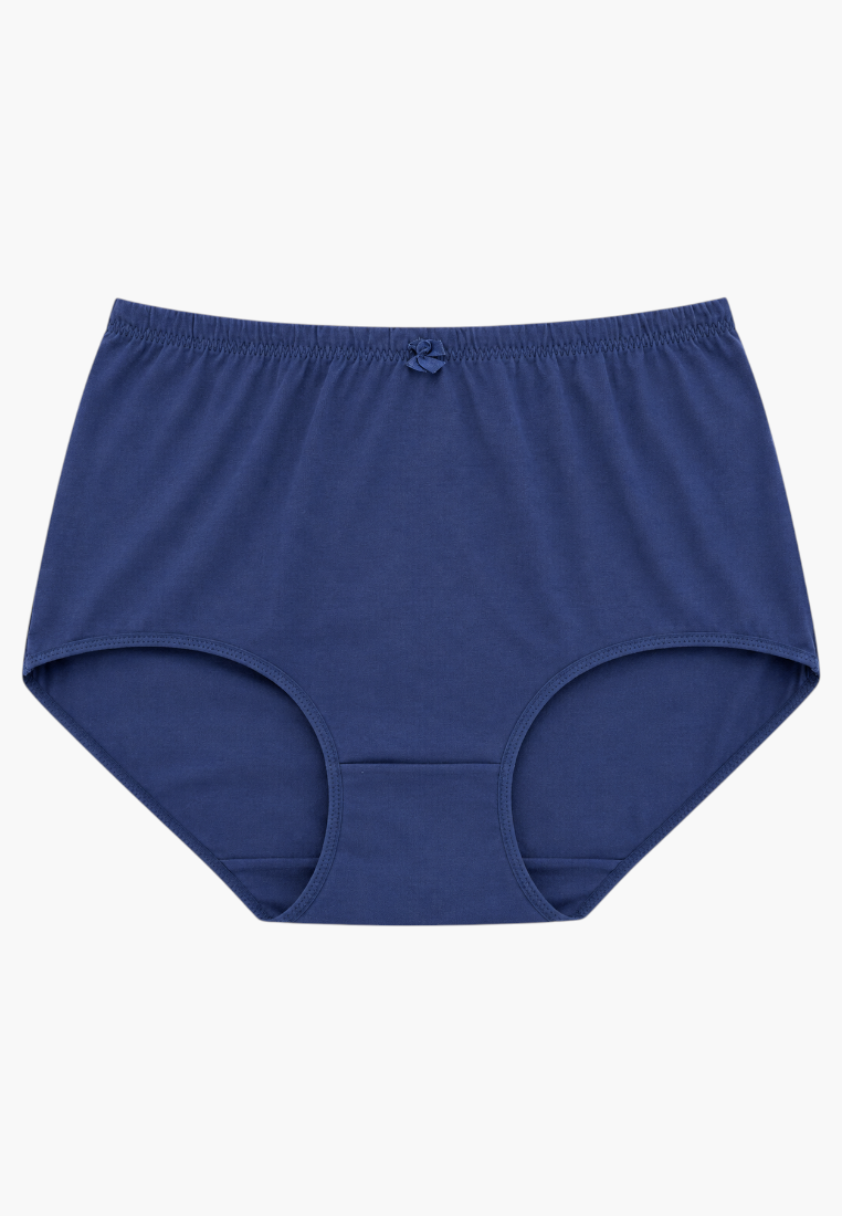 Front view of navy blue cotton maxi briefs with a bow detail on the waistband.