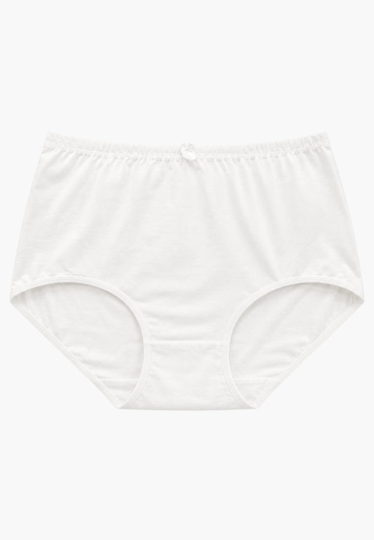 Front view of white cotton maxi briefs with a small bow detail for everyday wear.