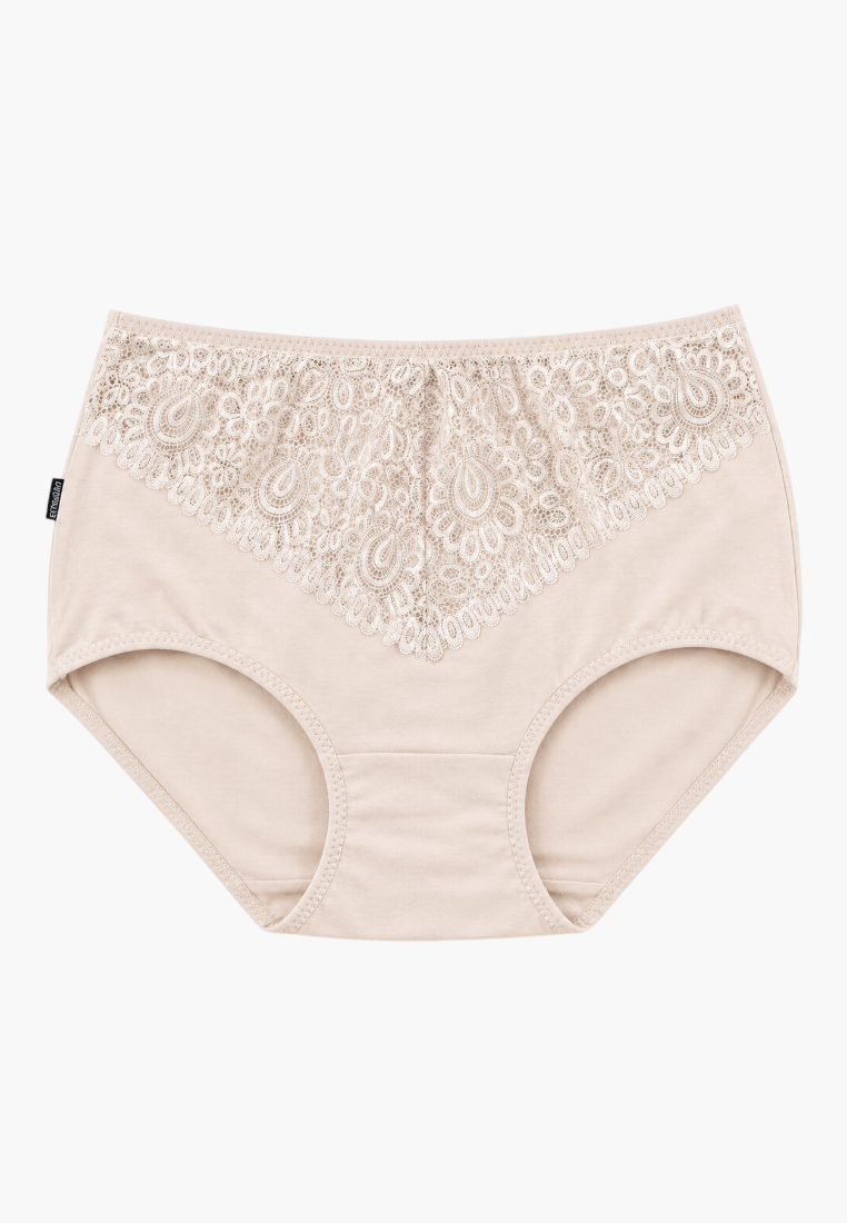 Front view of beige cotton maxi briefs with lace detailing.