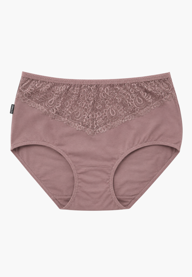 Front view of dusty pink cotton lace briefs with lace trim.