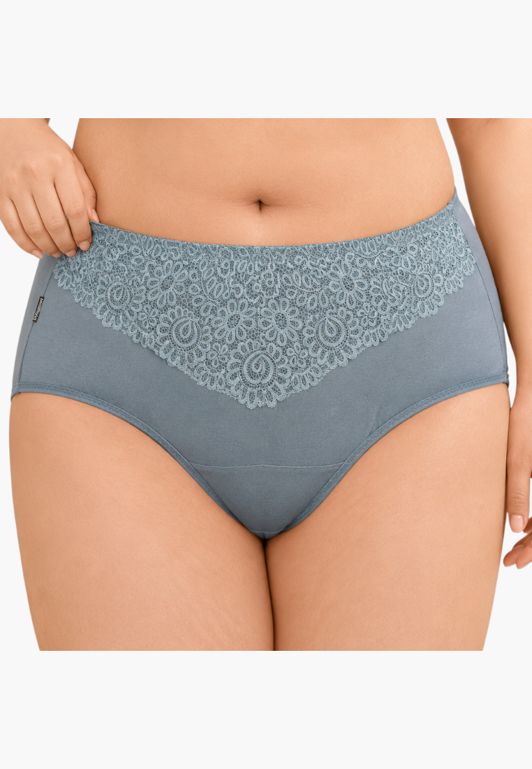 Front view of grey cotton maxi briefs with lace detailing.