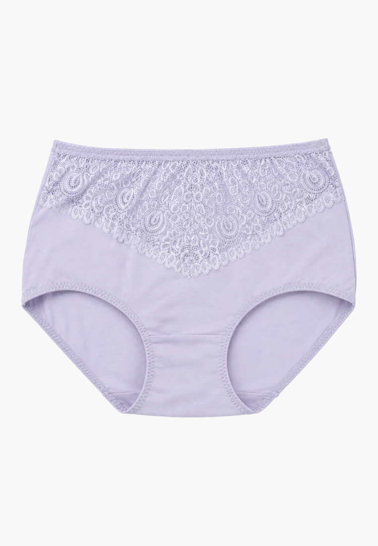 Front view of lavender maxi briefs with delicate lace detailing.