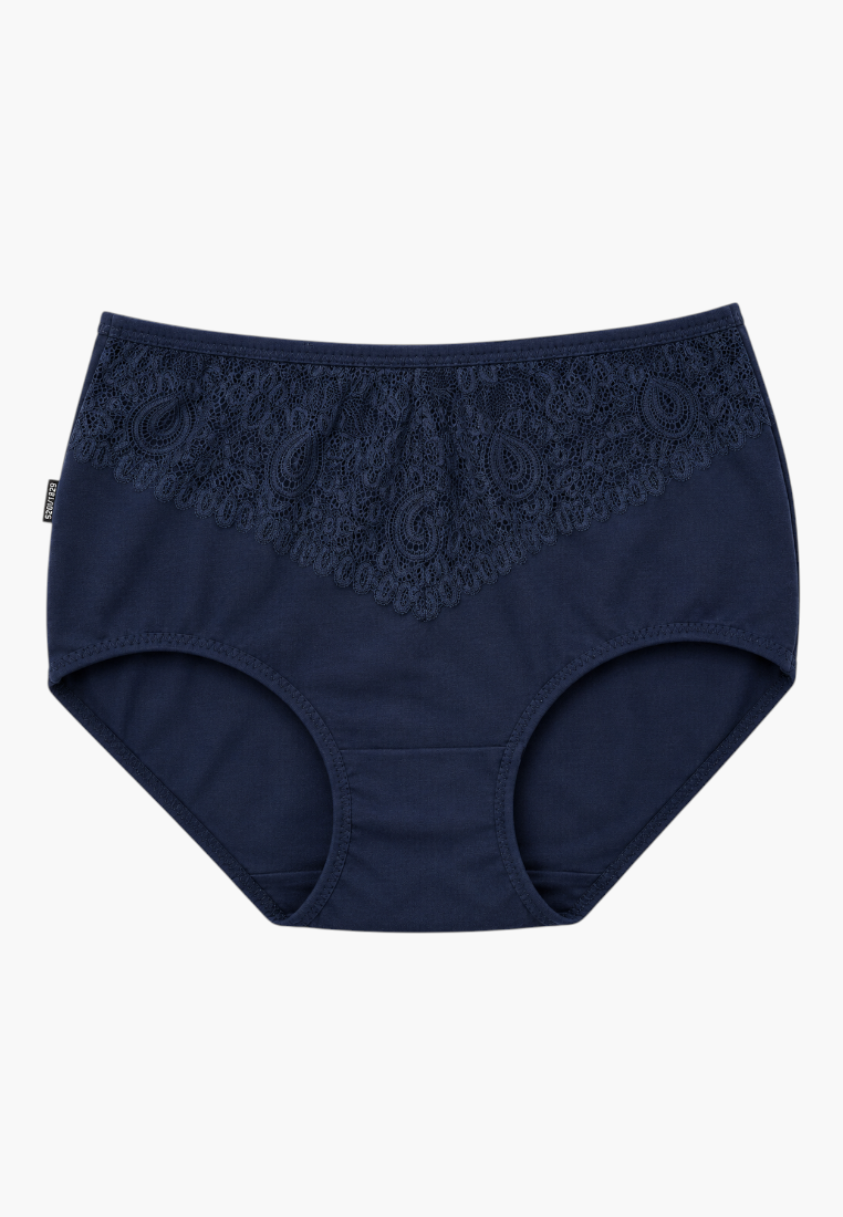 Front view of navy cotton maxi briefs with elegant lace detailing.