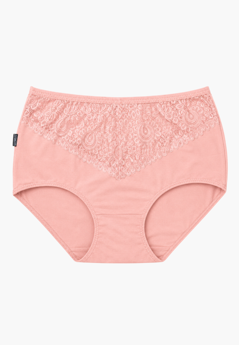 Front view of pink cotton maxi briefs with lace trim.