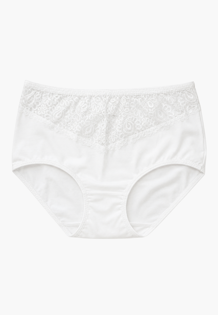 Front view of white cotton maxi briefs with lace trim detail.