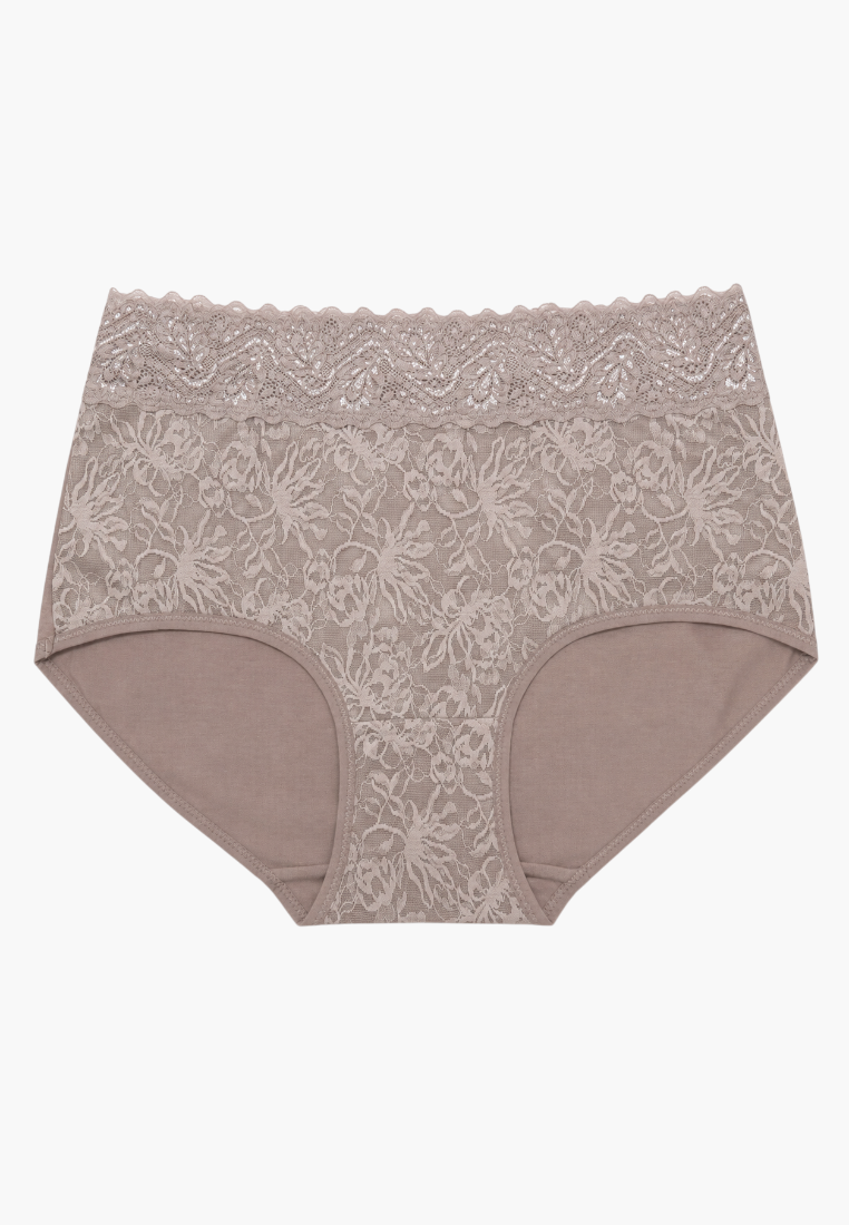 Bawełniane majtki maxi w kolorze taupe z eleganckim koronkowym wykończeniem, widok z przodu.
