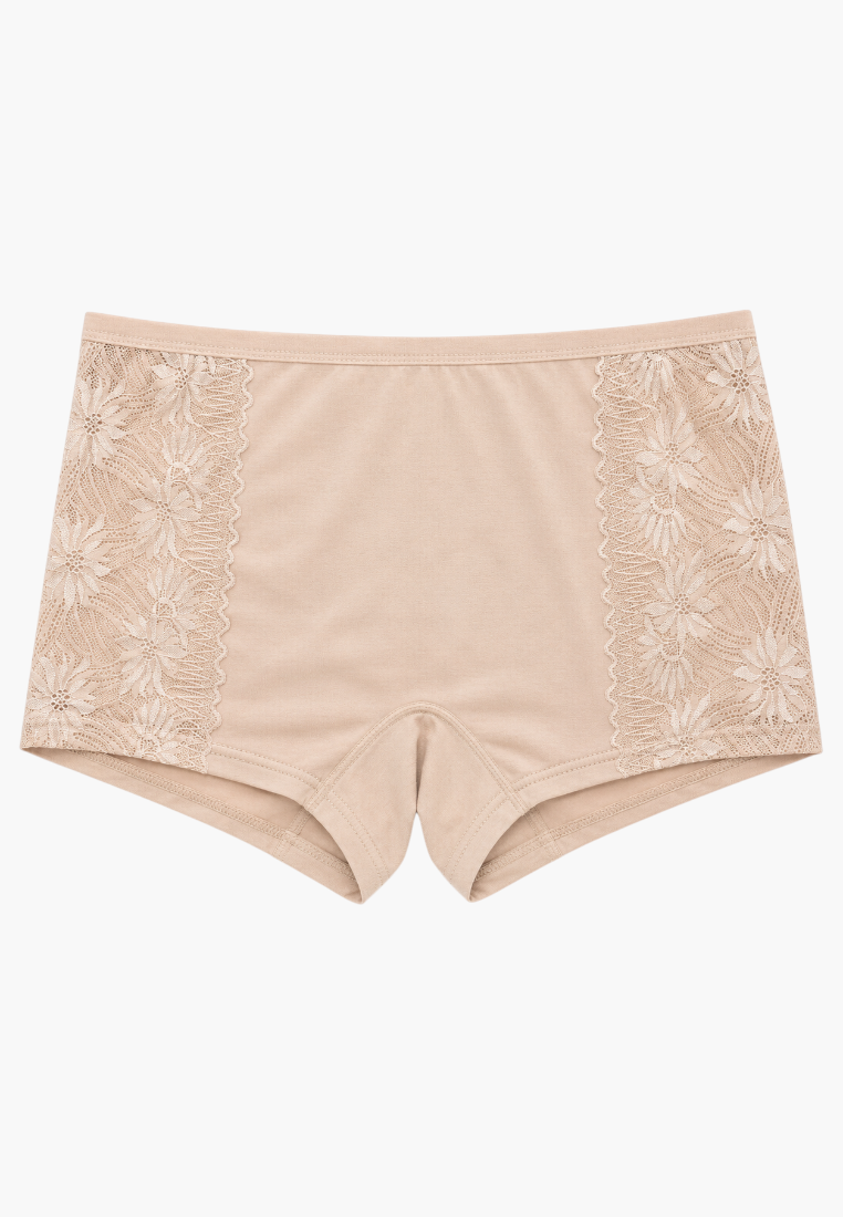 Front view of beige high-waisted briefs with floral lace side panels.