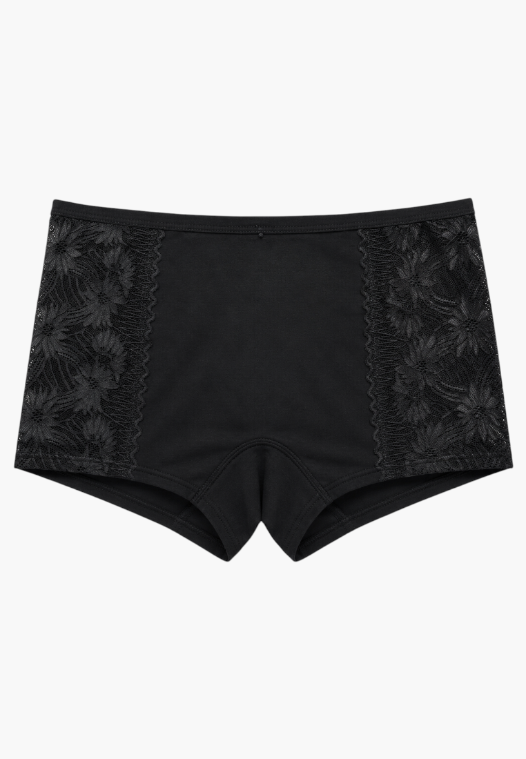 Front view of black high-waisted briefs with floral lace side panels.