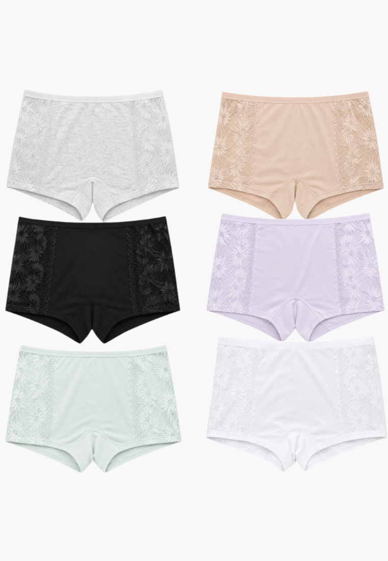 Front view of cotton lace briefs set with delicate side panels in various colors.