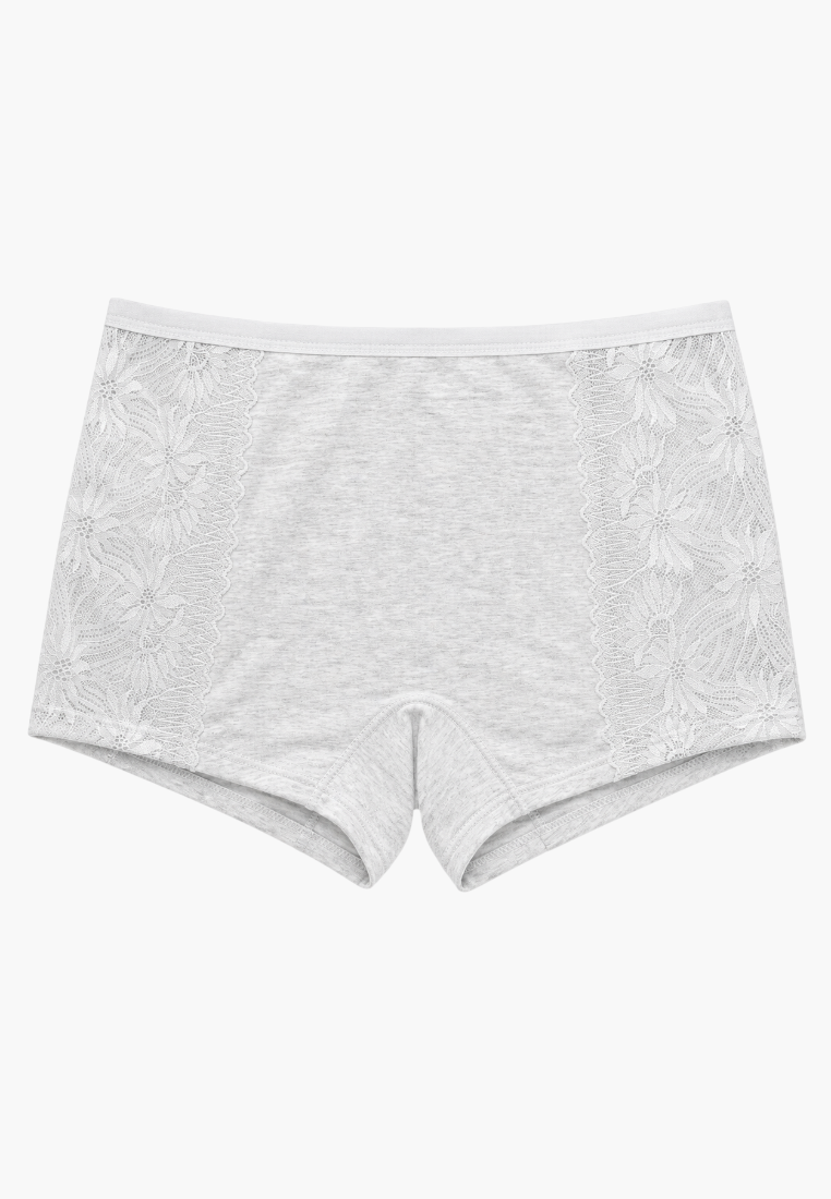 Front view of grey cotton boxer briefs featuring floral lace side panels.
