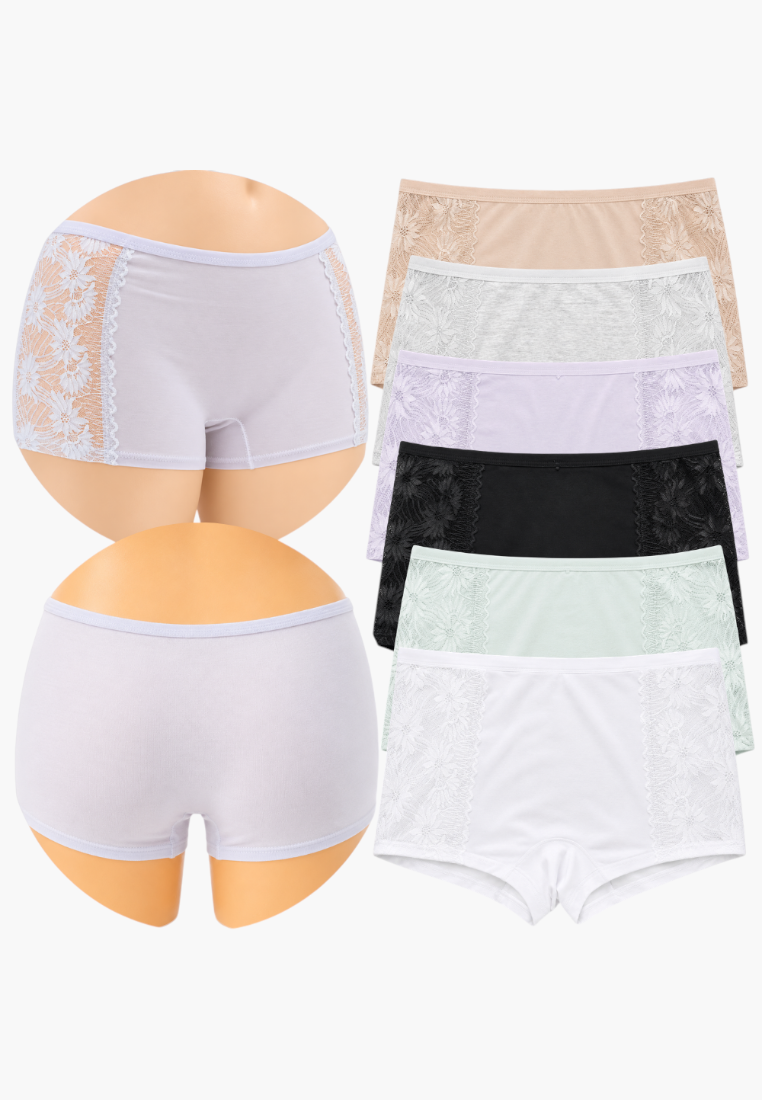 Front view of women's lace boyleg briefs set in assorted colors.
