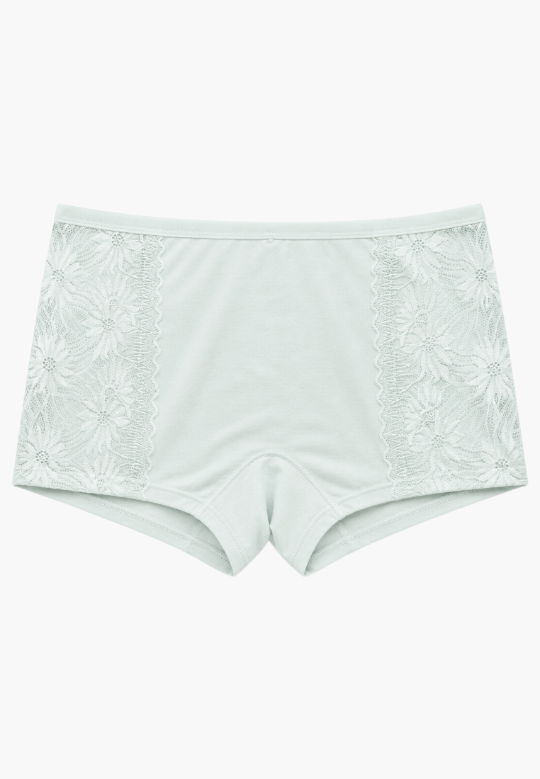 Front view of light green boyleg panties featuring floral lace side panels.