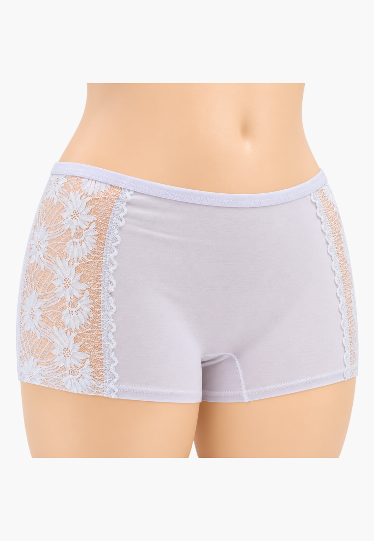 Front view of light purple boyleg briefs with floral lace side panels.